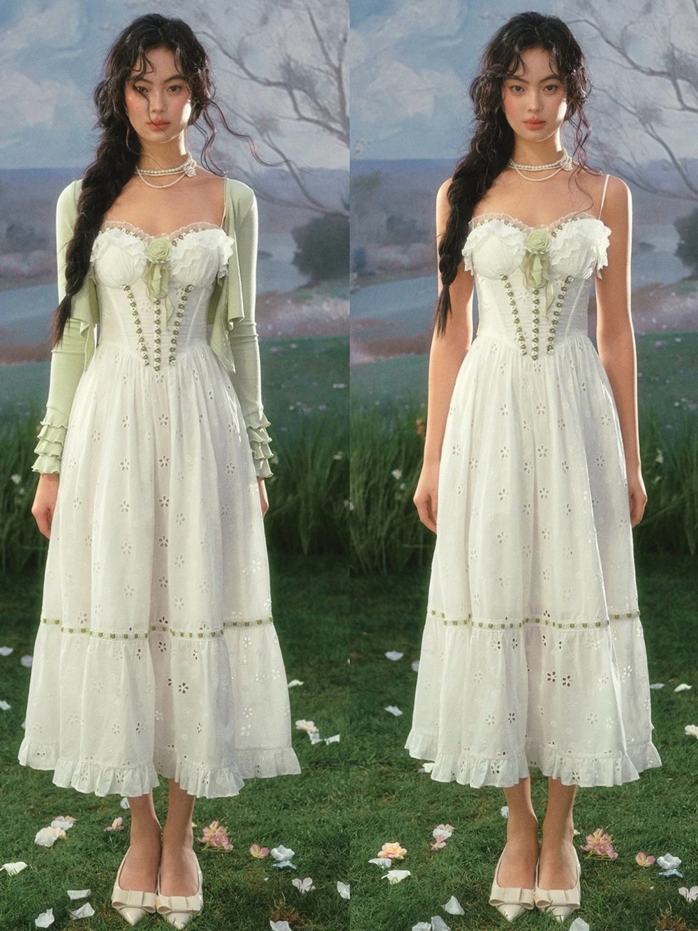 Mint In Season Dress, Vintage-Inspired Eyelet Midi Dress in Sage and White